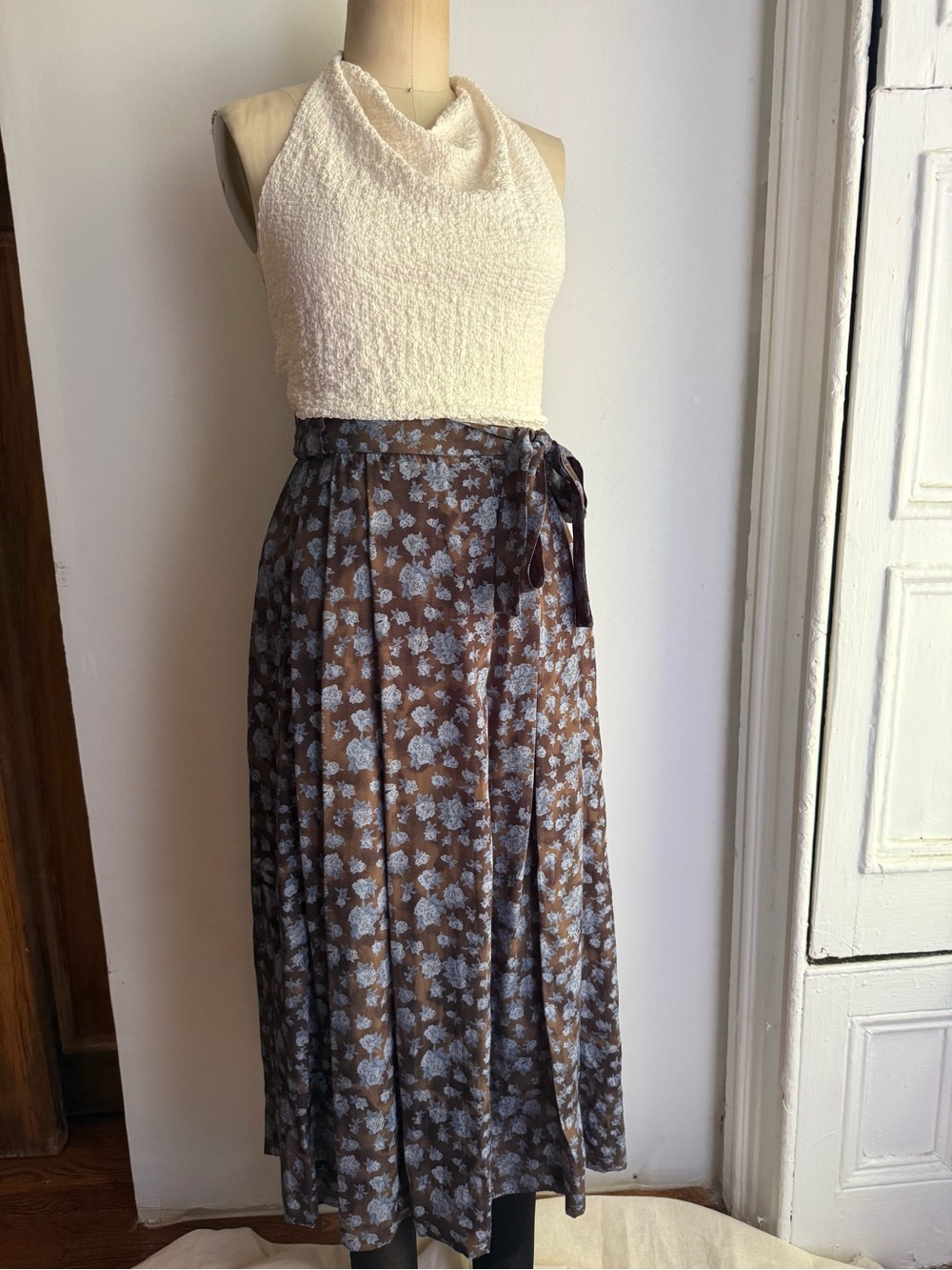 Handmade Silk Brown and Blue Watercolor Floral Print Skirt English Countryside